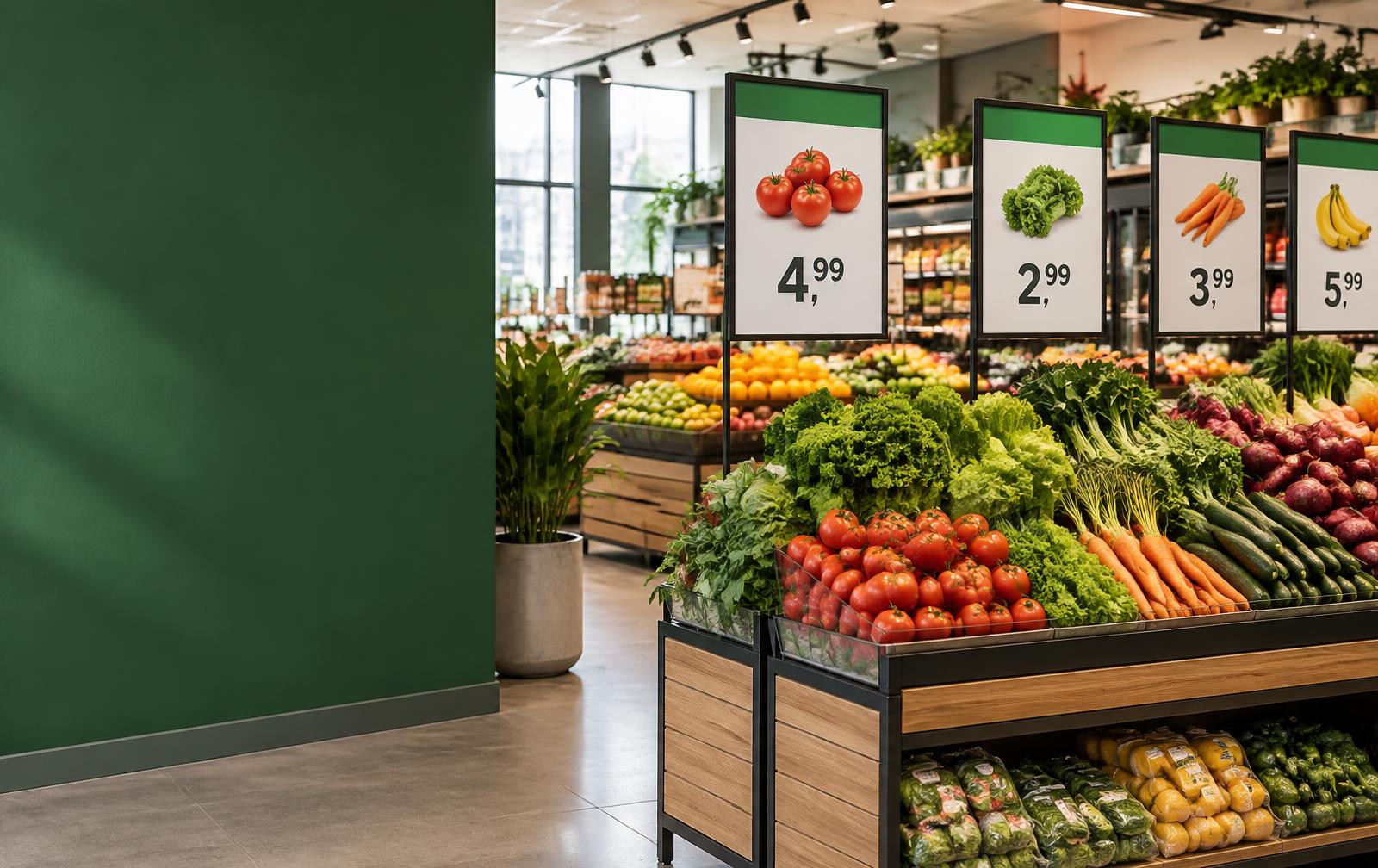 Cartazes de preços organizados em um setor de hortifruti